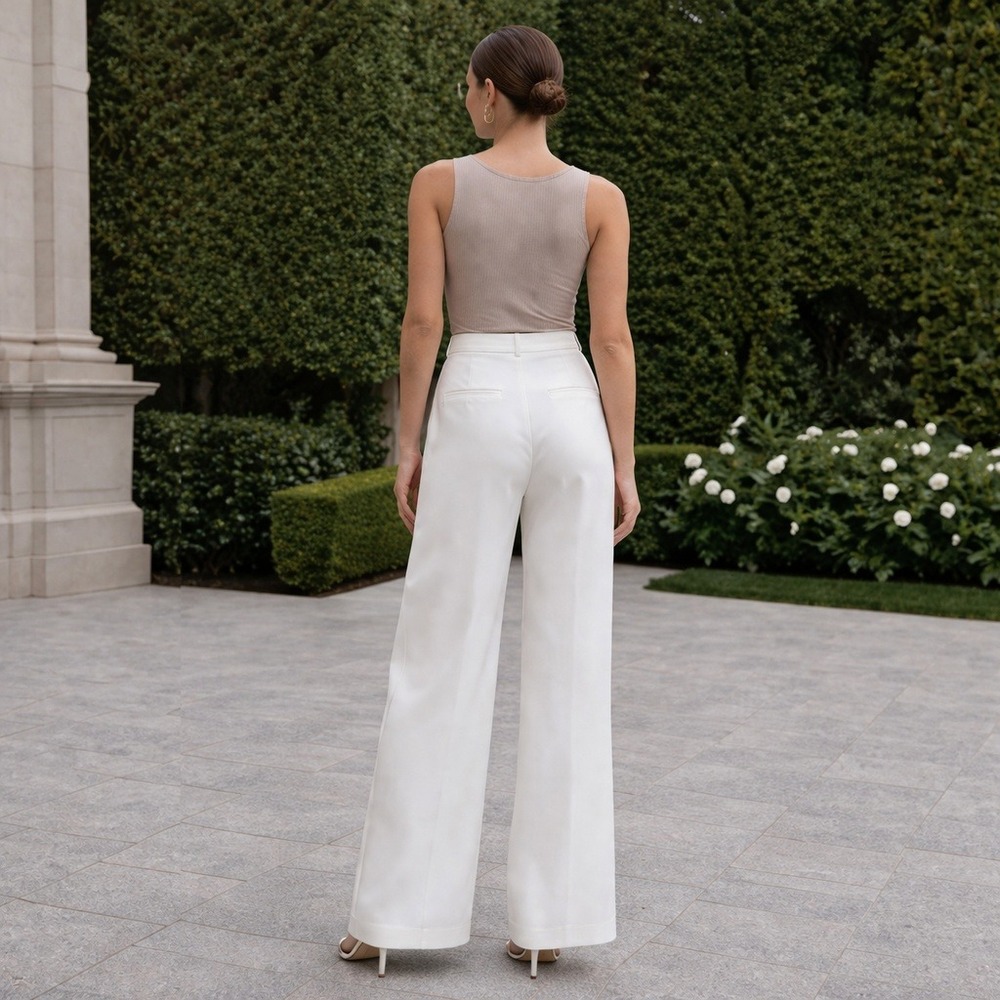 WAYF Ivory White High Waisted Wide Leg Pleated Trousers Pants Large Business - Picture 3 of 7